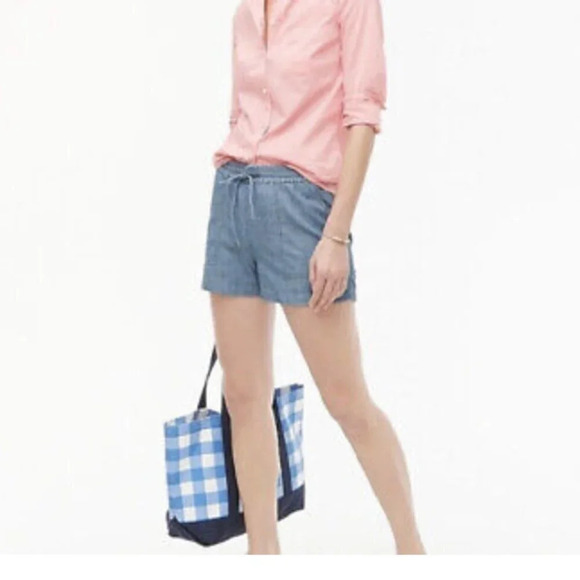 J. Crew Chambray Blue Tie Elastic Waist Cotton Shorts Small - Picture 1 of 8